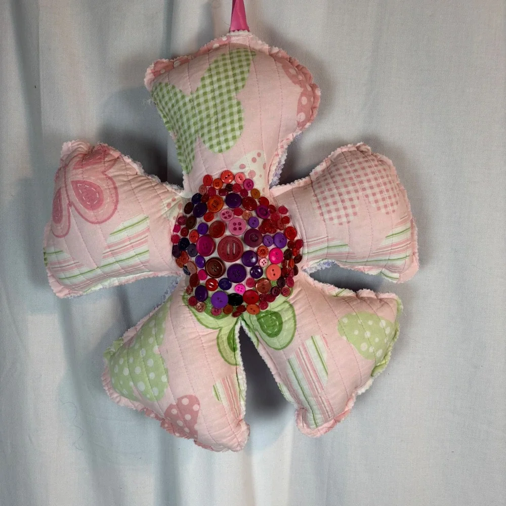 Handmade Quilted Flower Pillow Button Center Reversible Floral Wall Hanging 16in